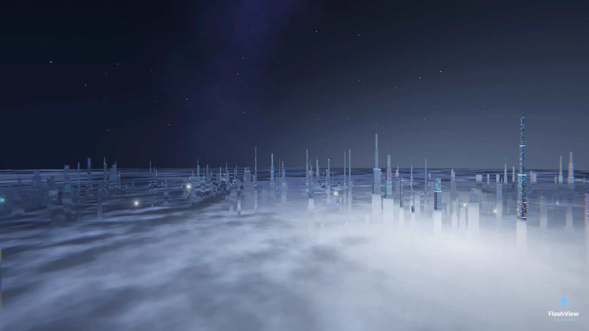 Die Stadt versinkt im Nebel, einzelne Türme ragen heraus