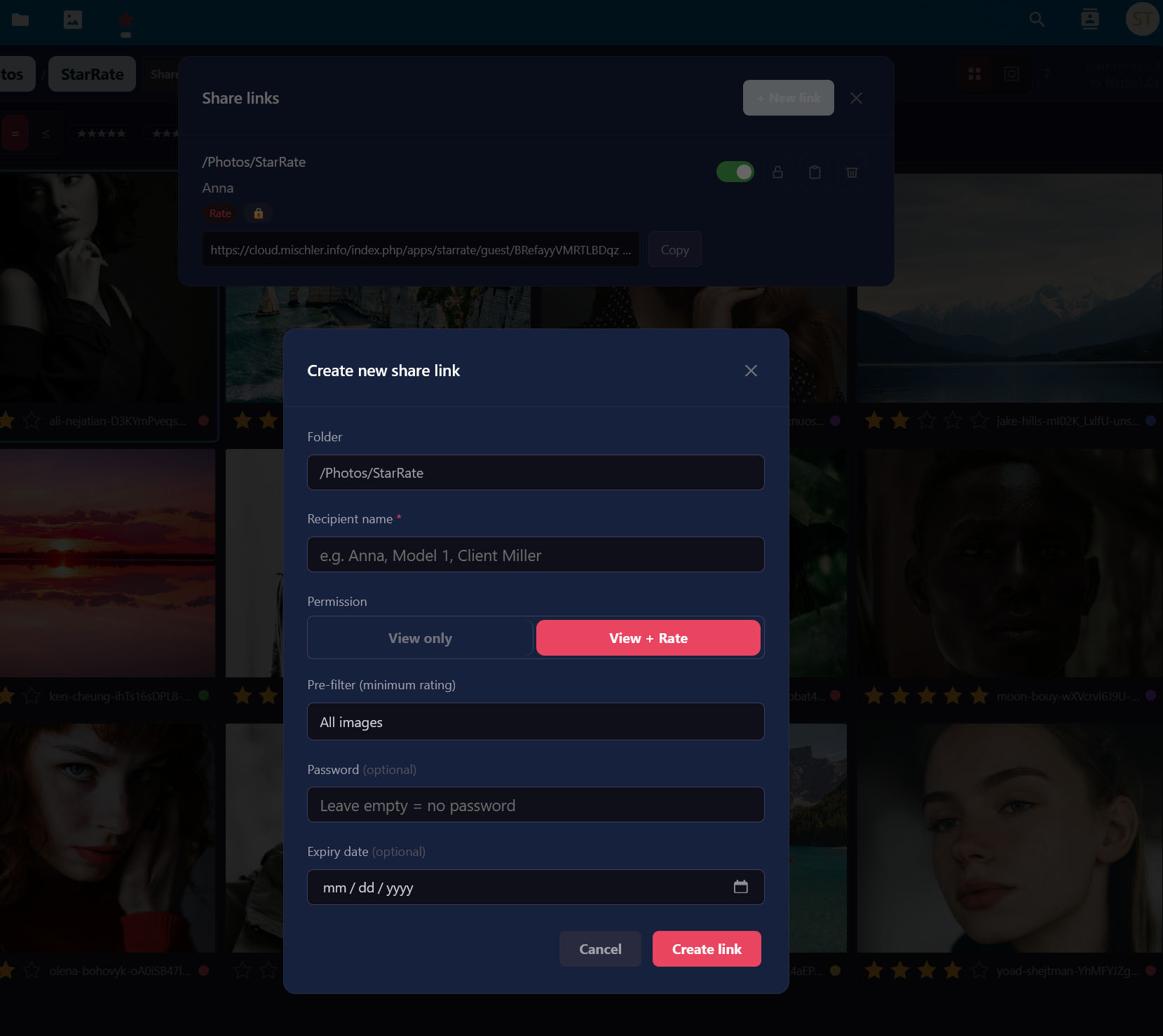 Share-Dialog: Guest-Link erstellen mit Pre-Filter und optionalem Passwort